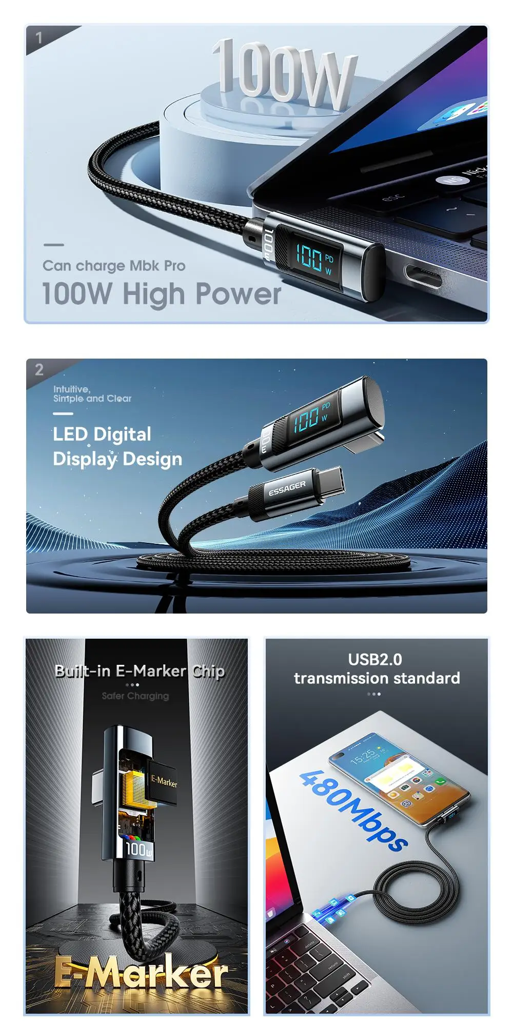 PD100W USB Type C to USB C Cable 5A Fast Charging Cable 90 ° LED Digital Display