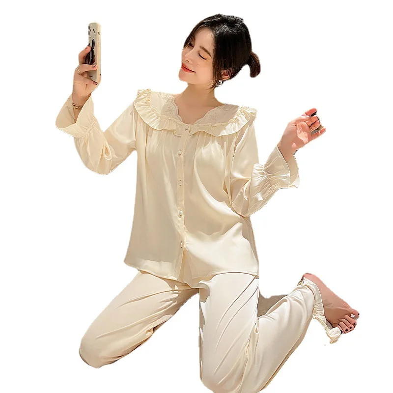 New women's pajamas ice silk long-sleeved trousers palace style loungewear two piece set summer