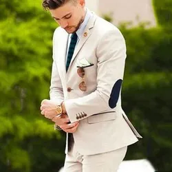 Beige Suit Men Wedding Suits For Men Elbow Patches Business Casual Groom Wear Tuxedo Slim Fit Male Blazers 2Pieces Jacket Pants