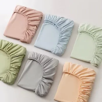 Fitted Bed Sheet with Elastic Band Solid Color Soft Cotton Mattress Cover for Single Double King Queen Bed 140/150/160/180/200 1