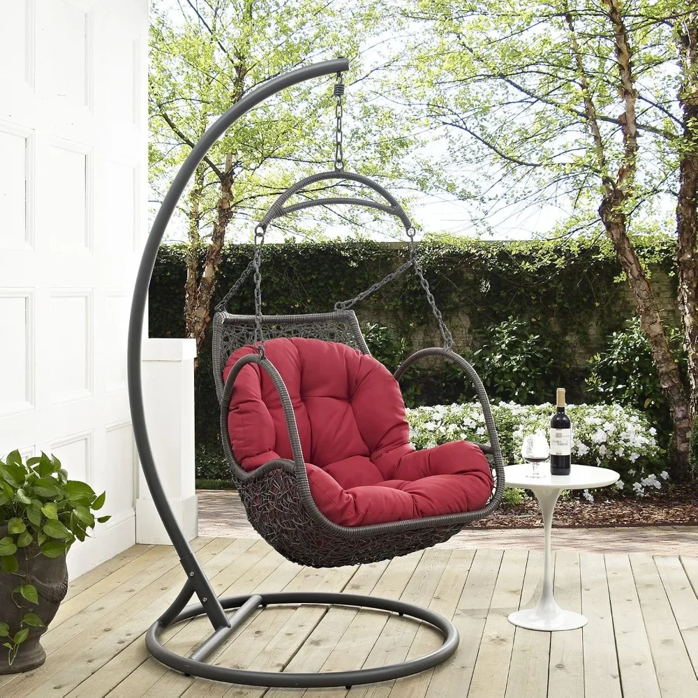 Arbor Wicker Outdoor Lounge Hanging Swing Chair Set with Stand in Red 4