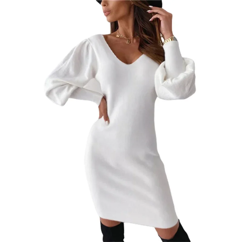 

Backless Lace Splicing Sexy V Neck Wrap Hip Dress Women Autumn Short Dresses Female Party Evening Gown Lantern Sleeves Vestidos