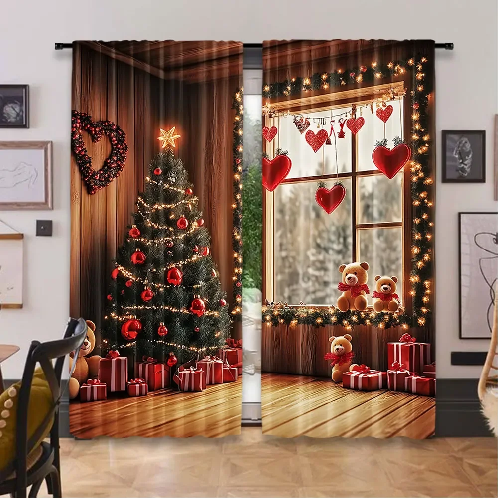 2Pcs Christmas Curtains Christmas Tree Cute Winter Holiday Xmas Gifts Snowflakes Elf For Living Room Window Home Drapes 2