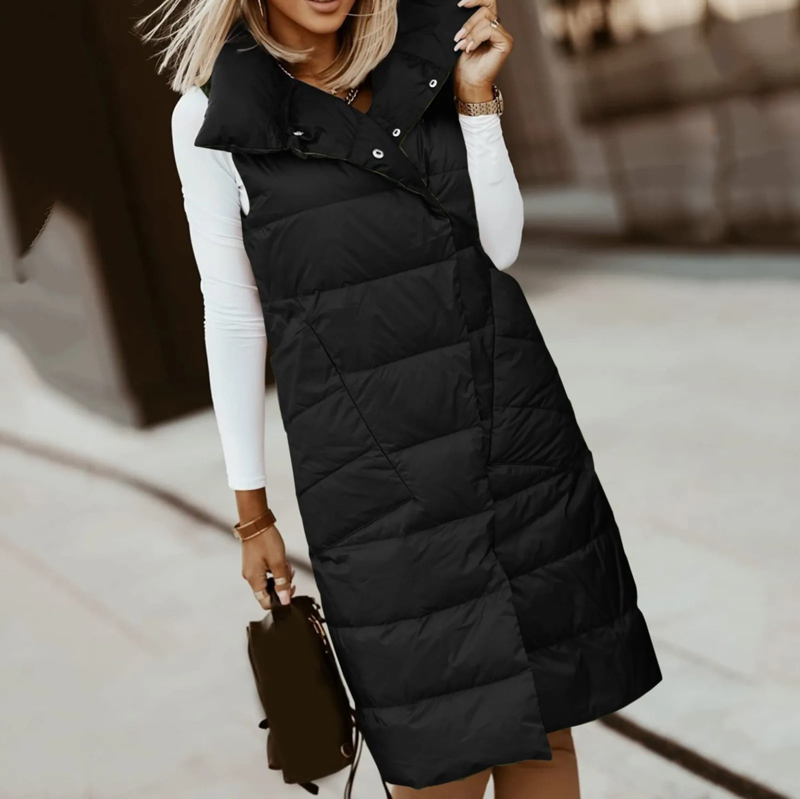 Women'S Long Down Vest Lapel Button Down Padded Jacket Sleeveless Vest Winter Autumn Women'S Clothing Warm Winter Outerwear