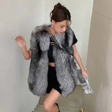 

Real Silver Fox Fur Vest Women 2021 Autumn and Winter New Genuine Silver Fox Fur Gilets Mid-length Whole Skin Fur Overcoat Woman