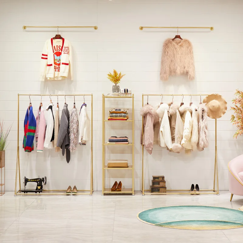 custom,Boutique Women Clothes Store Display Stand Metal Clothes Rack Clothing Rack Gold Floor Clothing Display Racks Stand