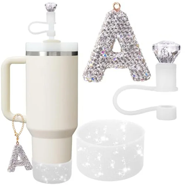 JINGSEN Stanley Cup Accessories Set - Bow Straw Cover, Leather Handle Strap, Letter Charm For 30oz & 40oz Cups (Black, Letter K)