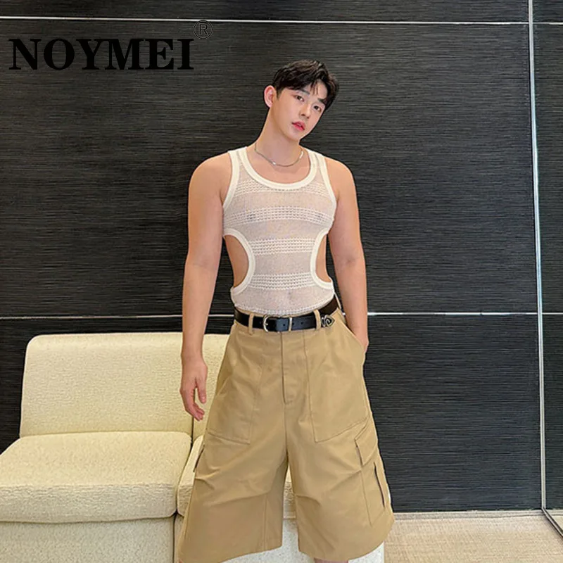 NOYMEI 할로우 아웃 디자인 라운드넥 민소매 조끼, 올 매치 탱크 탑, 남성 조끼, WA4425, 여름 2024 신상