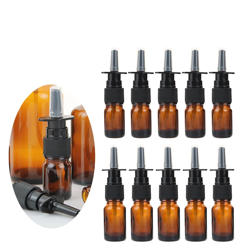 

8/15/24pcs 5ml 10ml Amber Nasal Spray Bottle Glass with Fine Nose Mist Sprayer Press Spray Head Empty Refillable Glass Bottles
