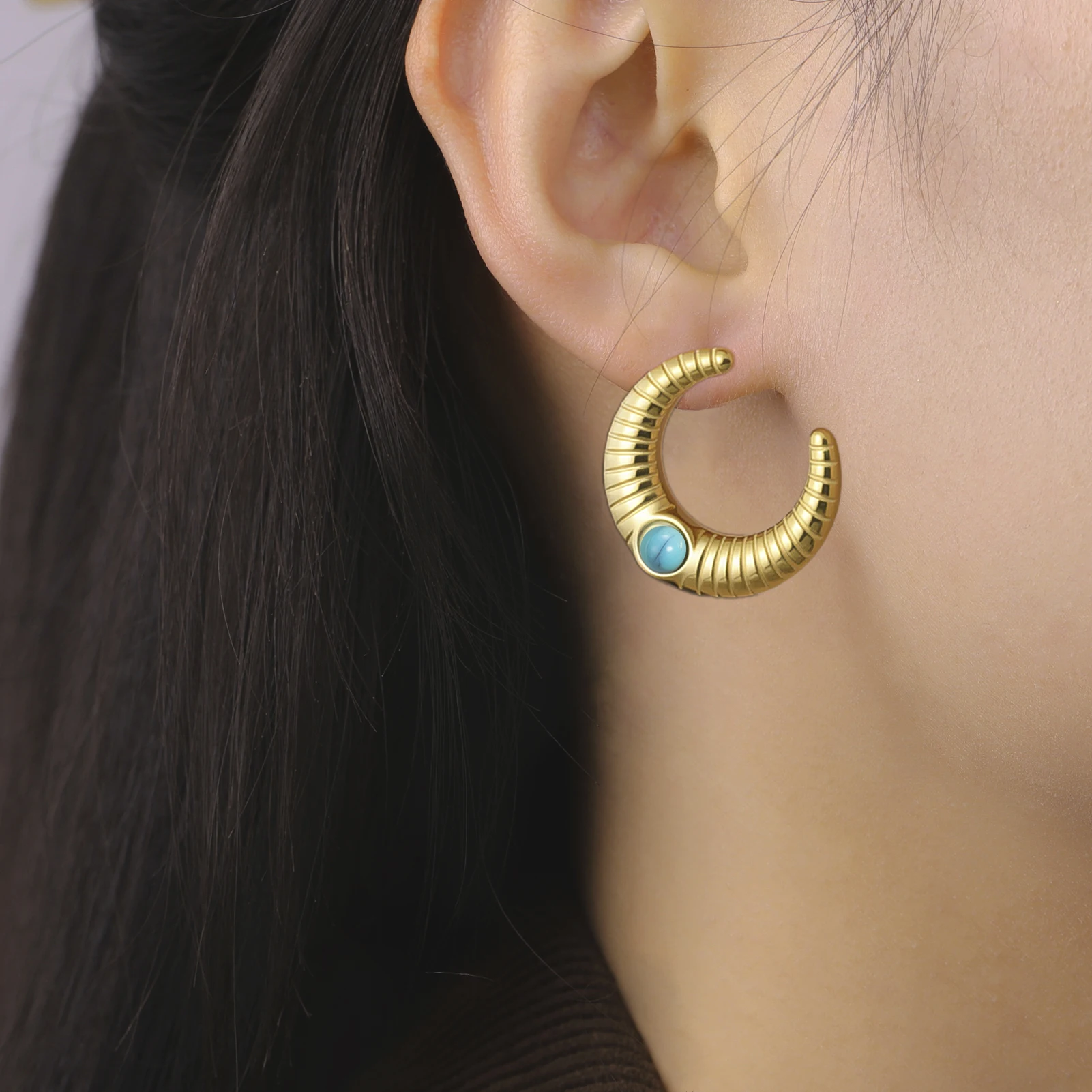 Skyrim Crescent Moon Turquoise Stone Stud Earrings for Women Girls Stainless Steel Earring 2025 Trendy Jewelry Birthday Gift - Image 2