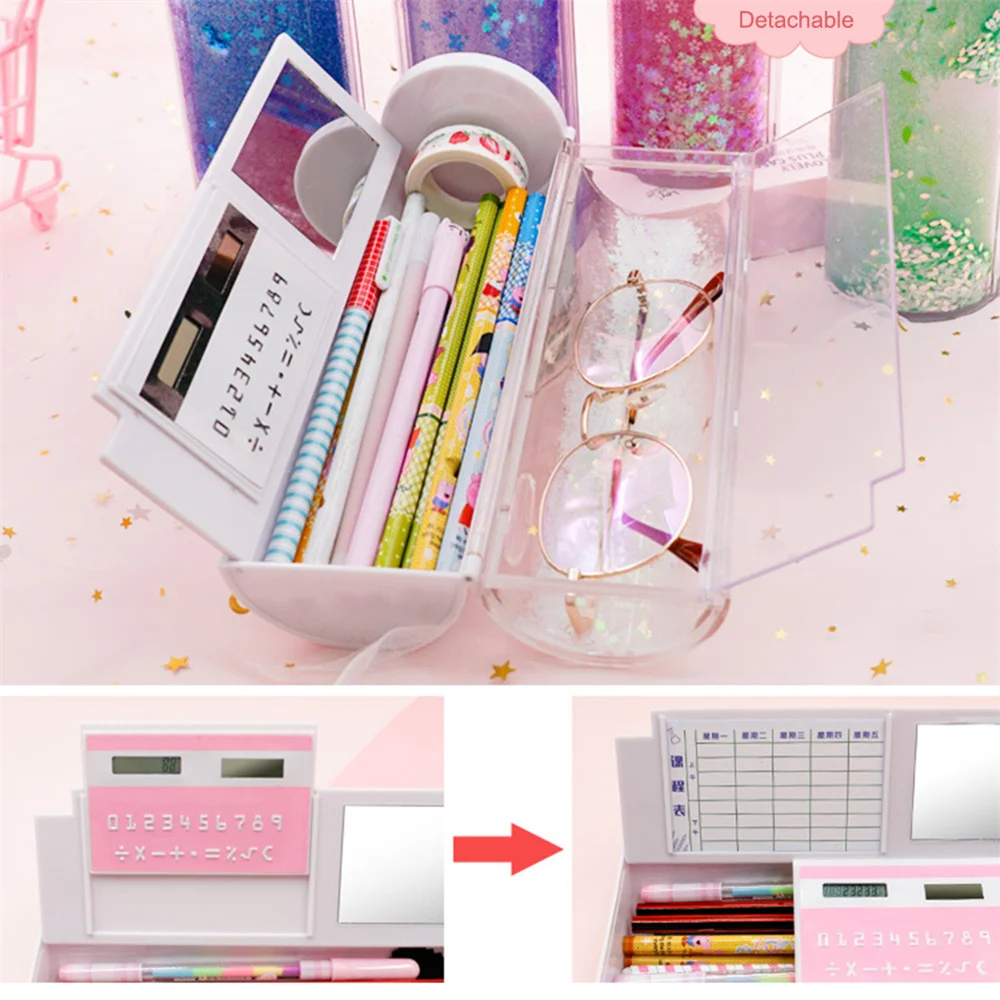 【FUN LIVE】 Multi-Function Pencil Case Large Capacity Pencil Cases Quicksand Translucent Cylindrical Pen Box With Calculator Kids Stationery. 