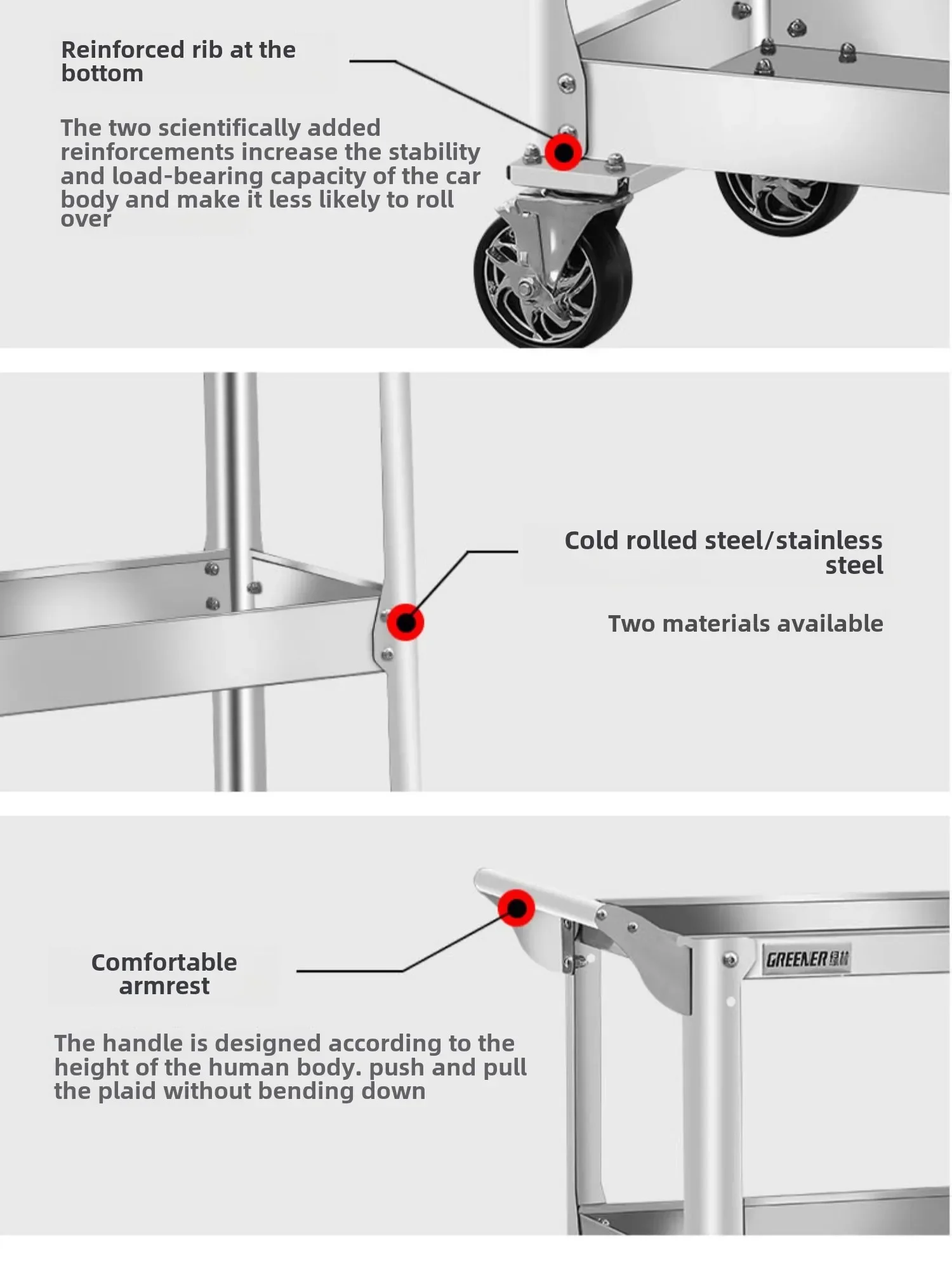 Heavy Duty Stainless Steel Tool Cart with Three Layer Toolbox and Multi-Functional Rack for Auto Repair Parts 4