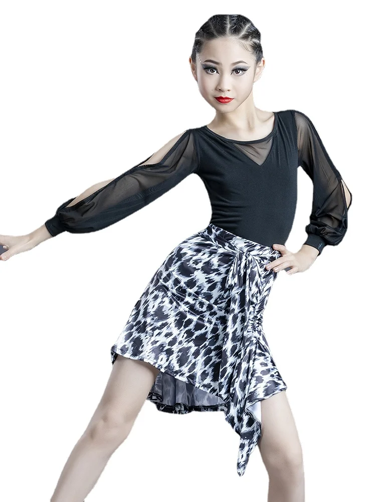 

2023 New Girls Latin Dance Skirt Ballroom Salsa Tango Skirts Kid Child Lace Latin Dance Split Dress With Leotard And Skirt