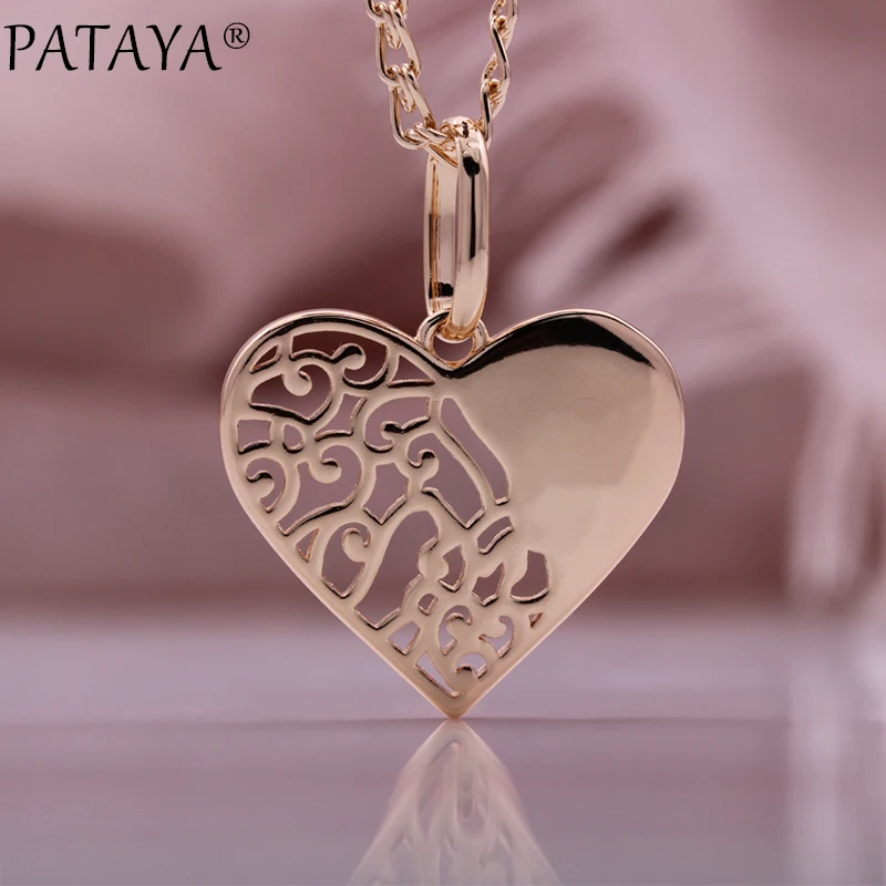 PATAYA New Glossy Luxury Pendant Necklaces 585 Rose Gold Color Women Gift Fashion Jewelry Heart-shaped Hollow Necklaces