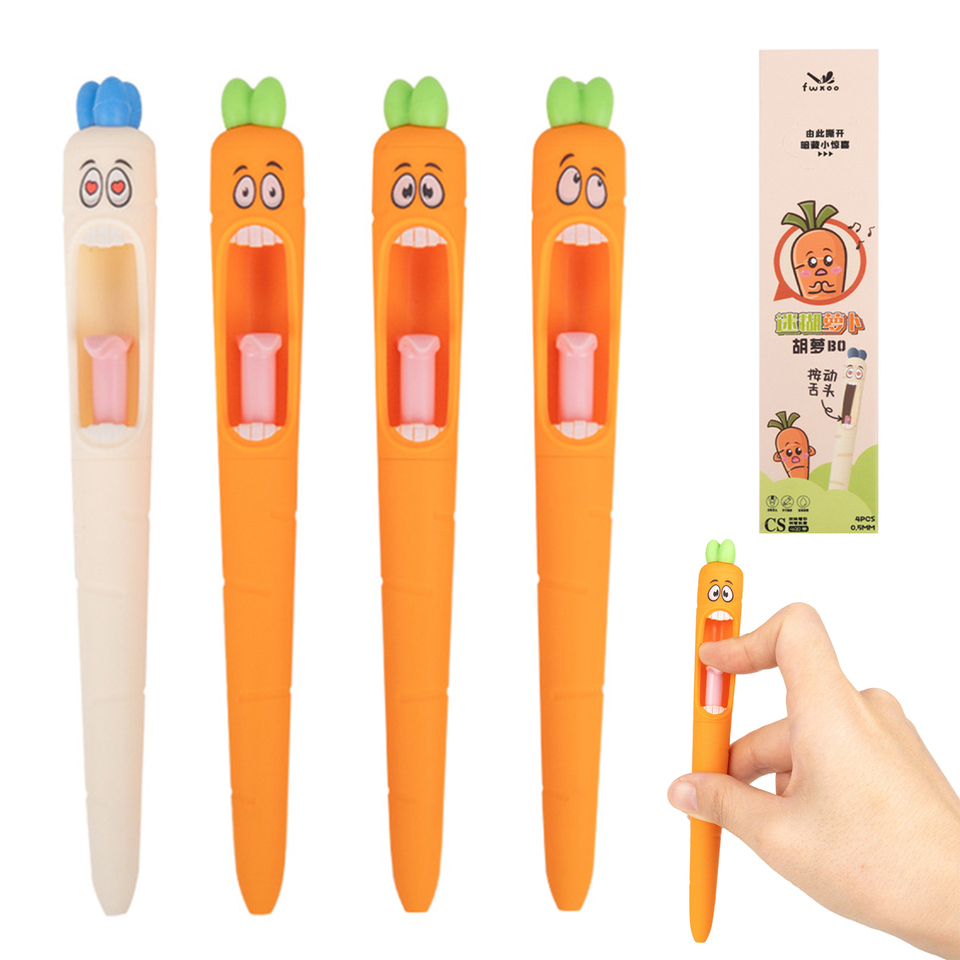  4PCS Carrot Gel Pens Set Click Retractable Kawaii Tongue Tip Quick Drying Black Ink Smooth Writing for School Office Students 