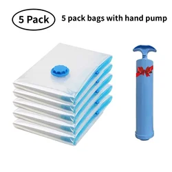 Space-Saving Vacuum Storage Bags for Clothes, Pillows, and Blankets - Wardrobe Organizer and Travel Solution (5 pack with pump)