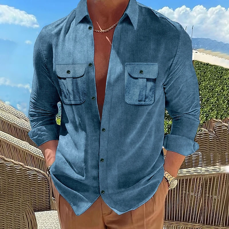 

Streetwear New Fashion Patch Pockets Cargo Jacket Shirts Corduroy Mens Long Sleeve Loose Lapel Shirt Button-up Solid Shirt Tops