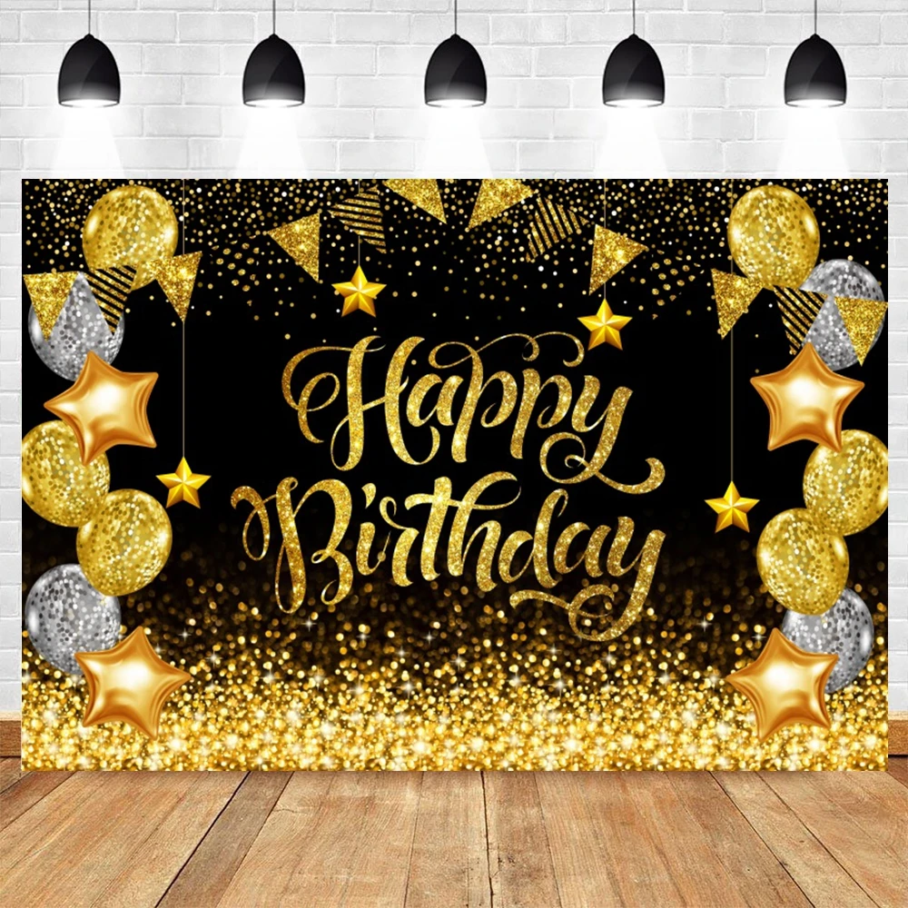Adult Happy Birthday Backdrop Black Gold Glitter Balloon Boys Girls Birthday Party Decor Photography Background Customized