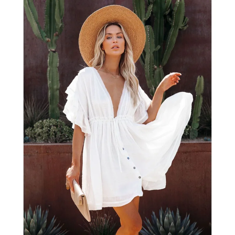 

Cotton String Beachwear Dresses Women 2023 Summer Elegant Backless V Neck Ruffled Button Solid Tunic Cover-ups Dress Bikini Coat