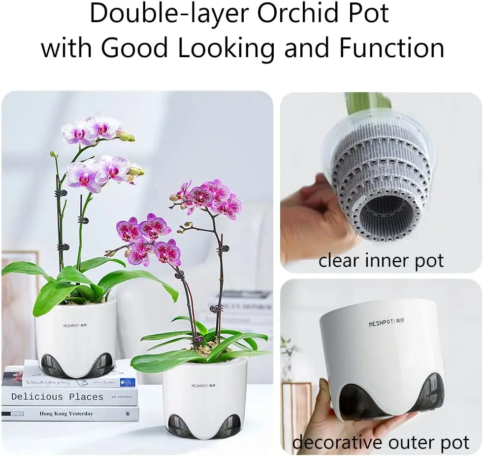 Meshpot Clear Plastic Orchid Pots with Holes and Saucers for Repotting Small Orchid Planters Root Control Orchid Transparent Pot