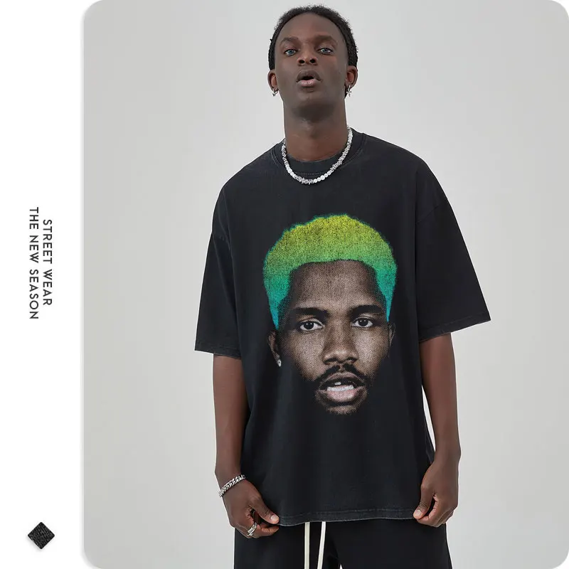 Big Face T Shirts Vintage Washed Hip Hop Rapper T-shirt Oversized