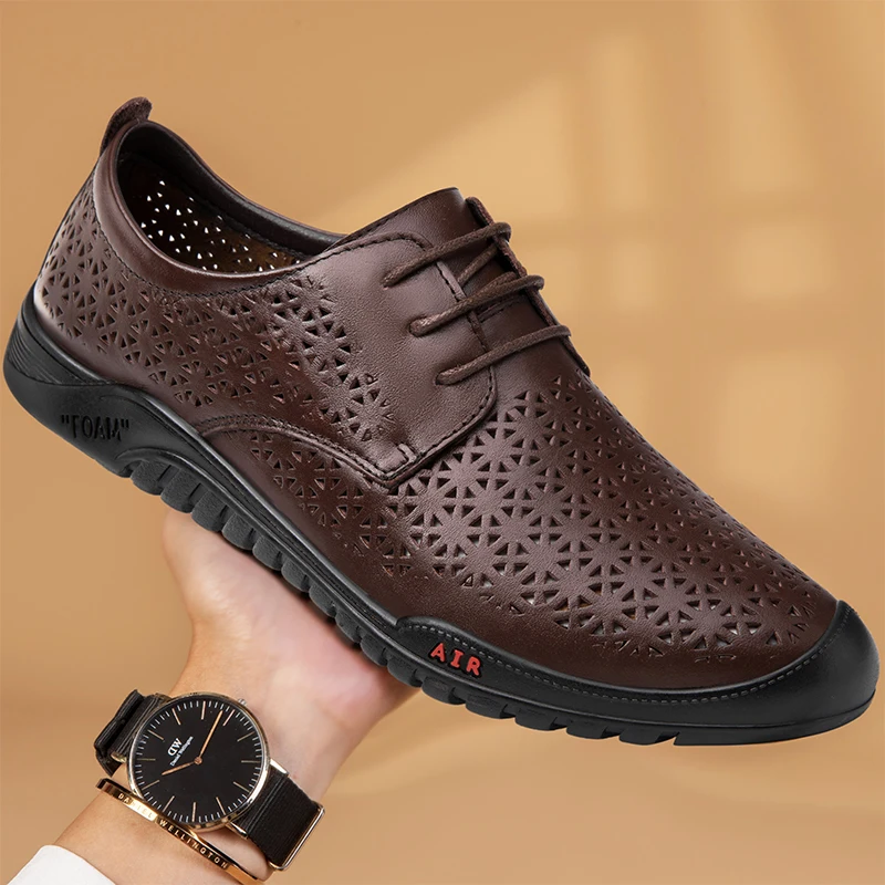 

2023 Summer New Men's Shoes Casual Genuine Leather Comfortable Breathable Hollow Derby Shoe Male Nice High Quality Shoes For Men