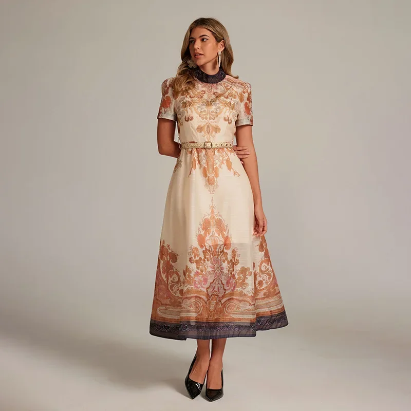 Retro Court Style Paisley Print Short Sleeve Long Dress Vintage Floral Cotton Maxi Dress for Women Baby Clothes Children's Shoes
