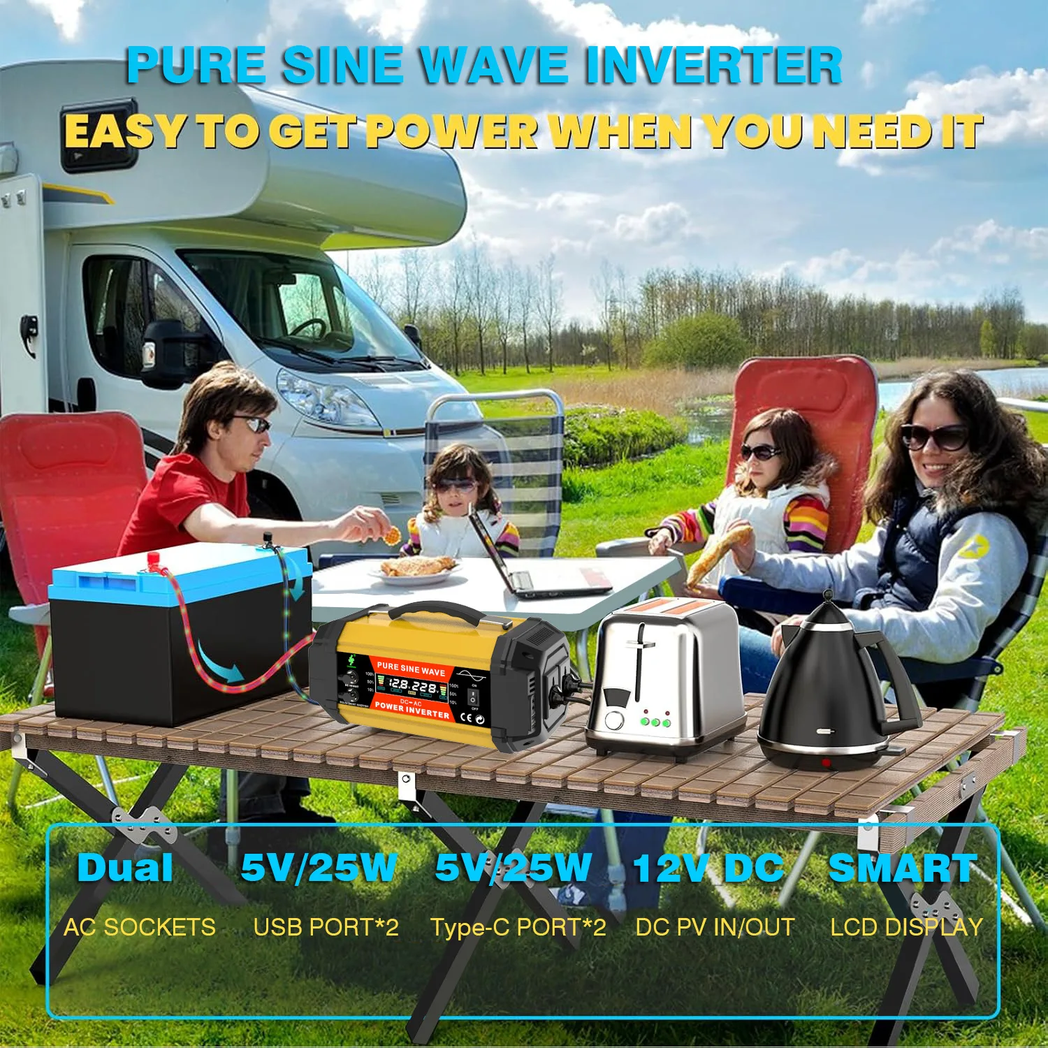 5000W Pure Sine Power Inverter - 12V to 220V Heavy-Duty Converter for Cars, RVs