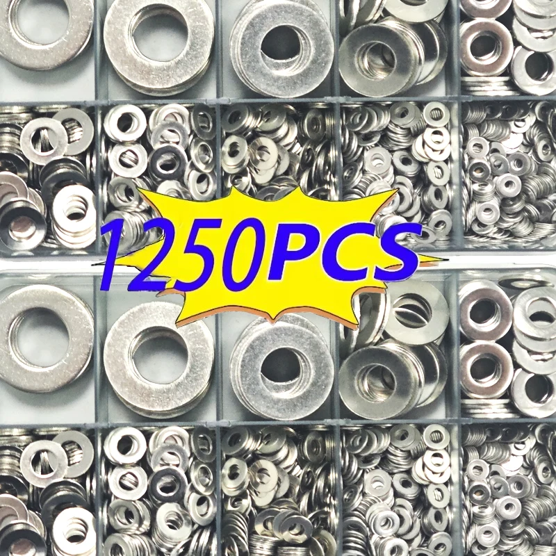Stainless Steel Flat Washers Assortment Kit - 1250-Piece Set