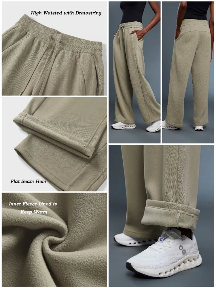 VITALINOVO Damen-Sweatpants mit weitem Bein und Fleece-Futter, Winter-Baggy-Lounge-Reisehose, Sportliche Jogginghose mit Kordelzug, Winter-Outfits – Detail 1