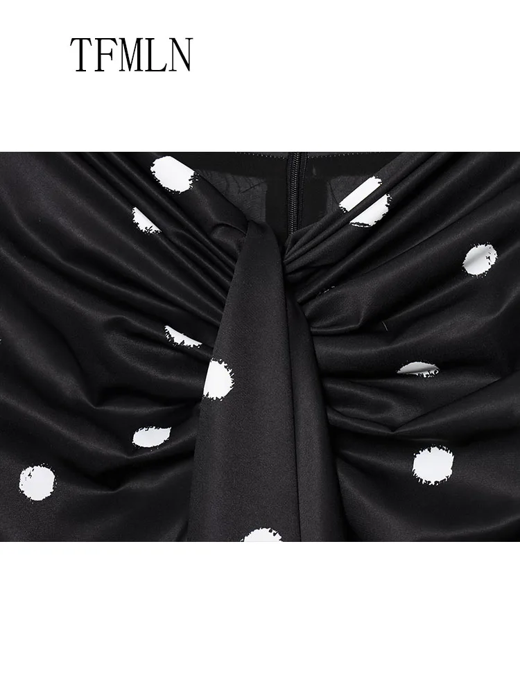 TFMLN 2025 Summer Dot Printed Midi Skirts For Women Elegant Causal Back Zipper Skirts Fashion Chic High Street Folds Skirt