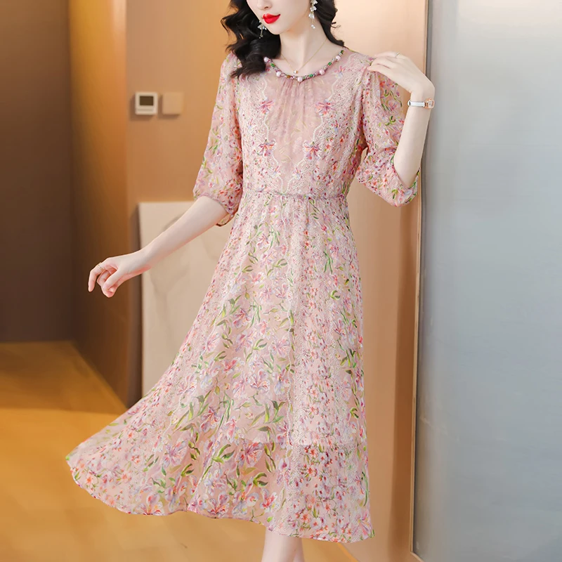 

Silk dress Summer 2023 new high-end temperament foreign style mulberry silk floral skirt waist French tea rest skirt
