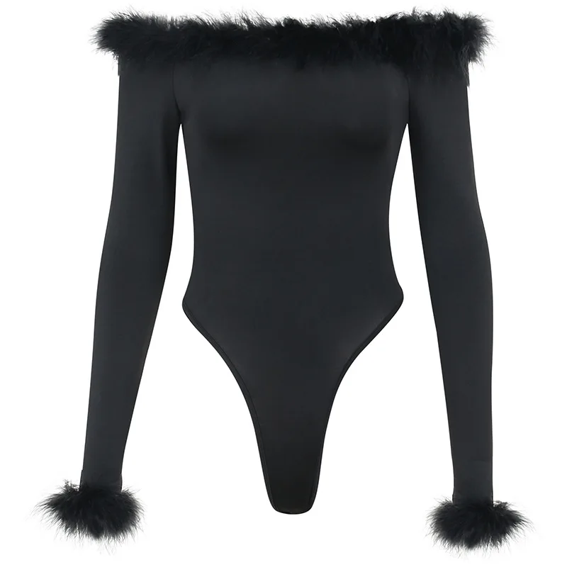 Women Fur Splicing Off Shoulder Long Sleeve Black Bodysuit 2023 New Spring  INS Sexy Party Club Stretchy Tops Y2k Tops - AliExpress