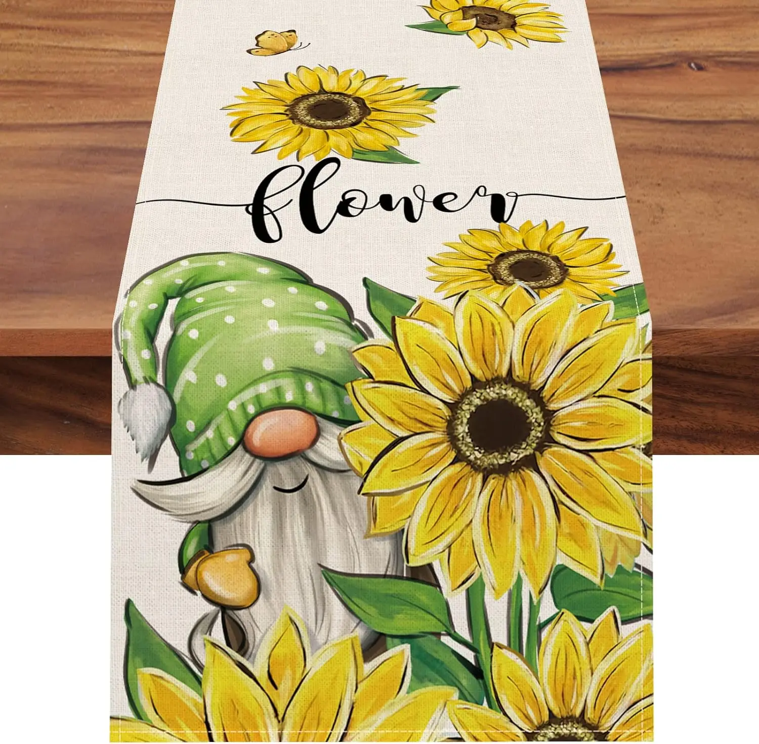 

Spring Sunflower Gnome Linen Table Runner Holiday Party Decorations Yellow Flower Floral Table Runner for Dining Table Decor