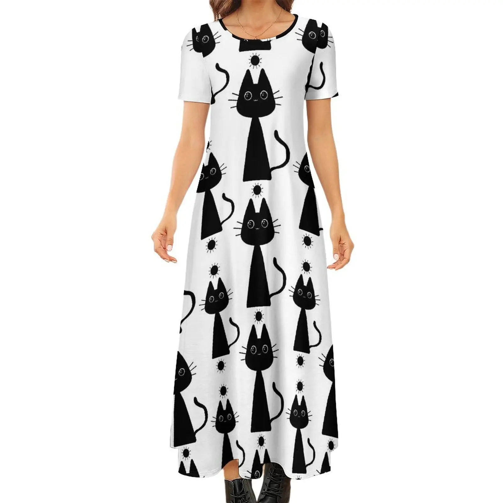 

Женское винтажное платье макси в стиле бохо, черное платье с принтом волшебного кота и солнца, длинное пляжное платье с коротким рукавом, большие размеры 6XL 7XL