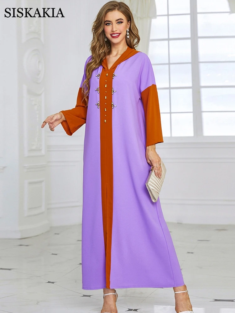 

Spring Hooded Long Dress Diamond Patchwork Muslim Moroccan Arab Dress Robe Ramadan 2022 Caftan Dubai Turkey Shipping