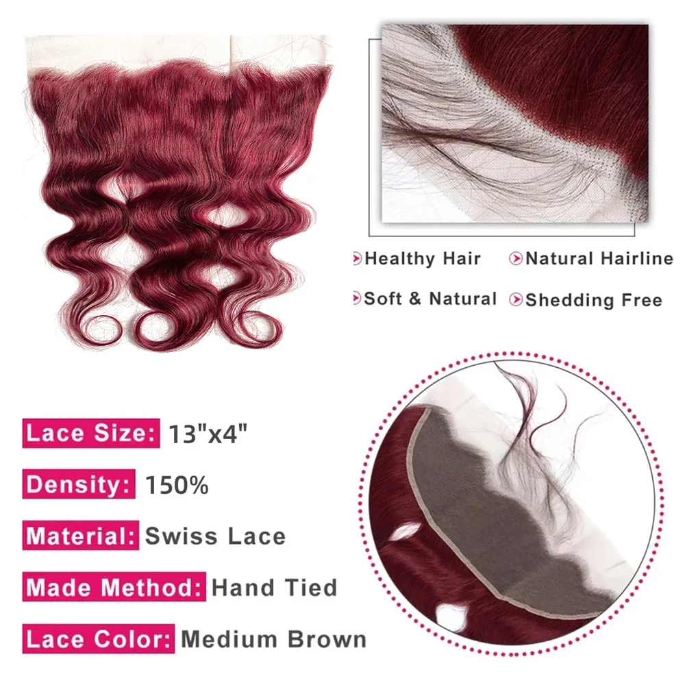 Body Wave 99J Burgundy Human Hair Bundles with Closure Frontal 13x4 Transparent Lace Frontal Brazilian Wine Hair Extenstion Remy