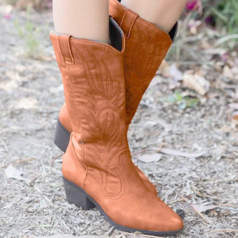 2022 Classic Embroidered Western Cowboy Boots for Women Leather Cowgirl Boots Low Heels Shoes Knee High Woman Boots