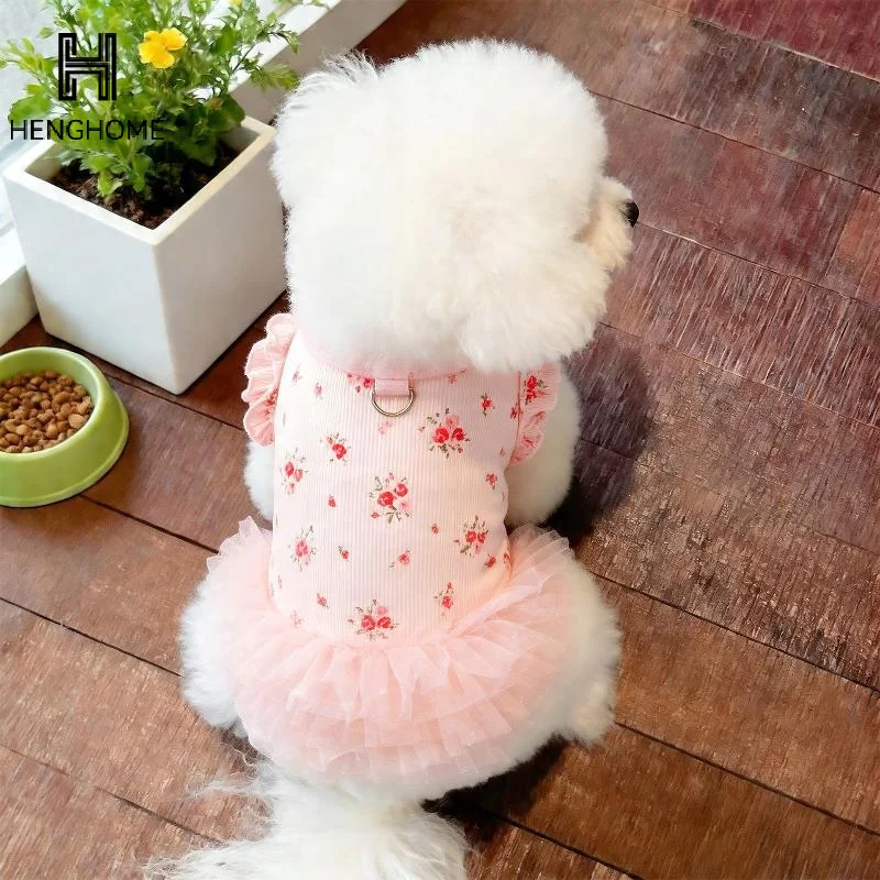 1Pcs 테디 꽃무늬 플라잉 슬리브 조끼 강아지 옷 애완견 봄 메쉬 패치워크 푹신한 드레스 소형견 강아지 옷