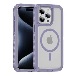 Magnetic Wireless Charging Shockproof Armor Phone Case - Heavy Duty Protection Cover - 14Plus or 15Plus (Light Purple - Clear)
