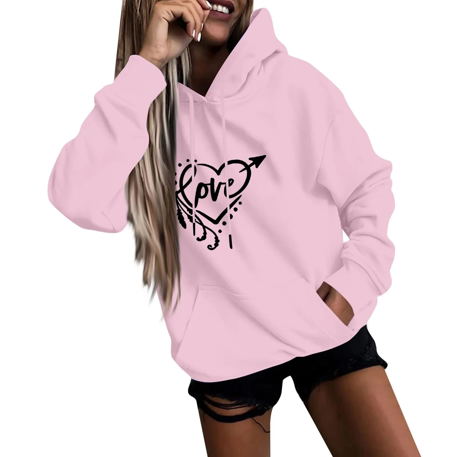 Women's Hoodies Hot sale Fun heart Printed Autumn And Winter Sweatshirt Valentine's Day Long Sleeve Round neck Plus Size tops