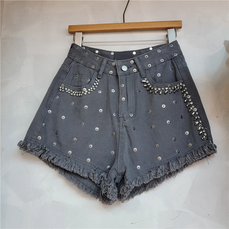 Exquisite Rhinestone Raw Edge Denim Shorts for Women 2024 Summer New High Waist Slimming A- Line Wide-Leg Hot Pants Booty Shorts