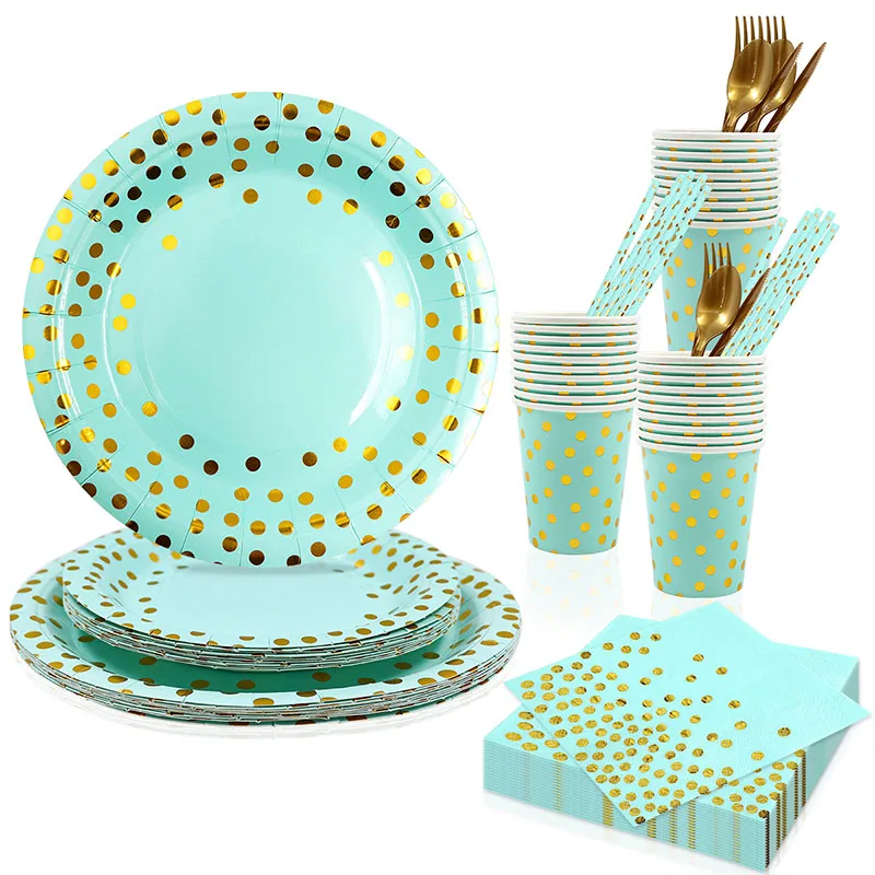 

10 Guest Green Party Supplies Disposable Gold Dots Paper Plates Cups Knives for Baby Shower Wedding Party Bridal Shower Women