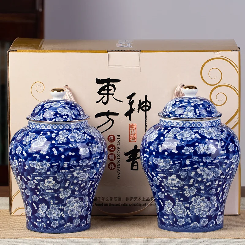 Gold-plated Ceramic Tea Jar Vintage Blue and White Porcelain Sealed Storage Jar Moisture-proof Candy Food Pot Storage Container tea tin box tea canister fragrance powder jar