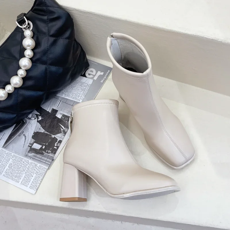 Women's Back Zipper Beige High Heels Ankle Boots Winter New Female Square Toe Chelsea Boots High Quality Mid Heel Short Botines