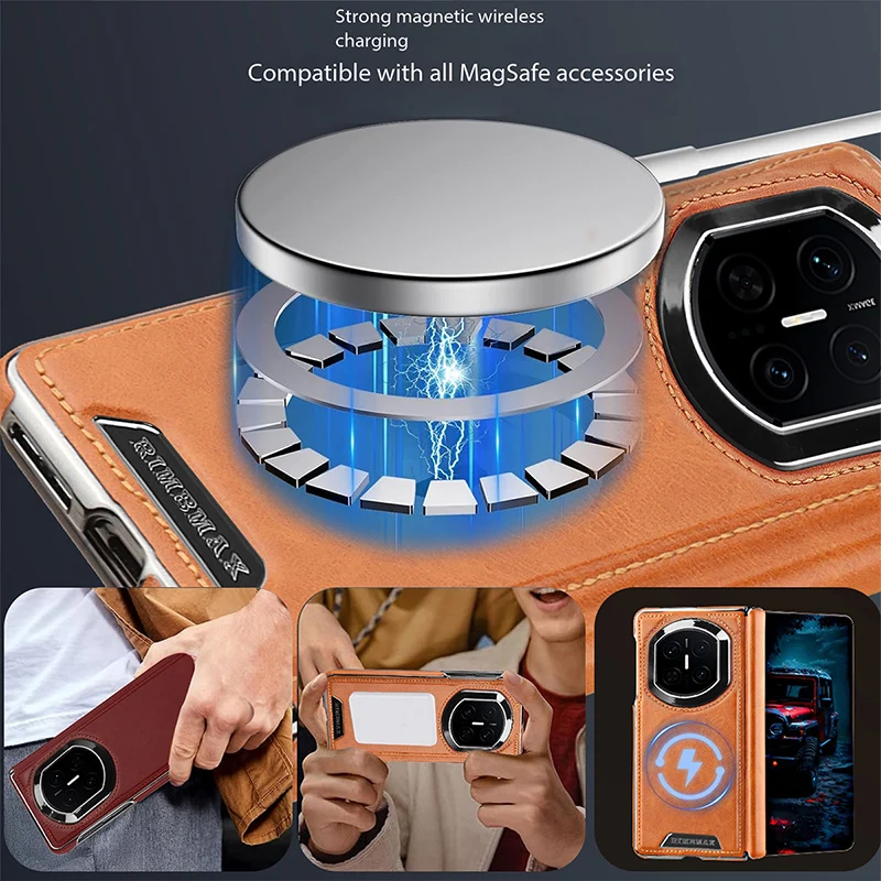 Leather Central Axis Phone Case with Magnetic Wireless Charging and Electroplating Protection