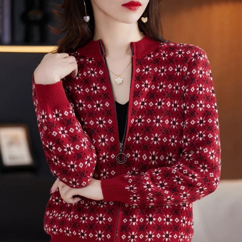 

Women 100% Cotton Color Block Jacquard Sweater O-neck Cardigan Autumn Winter Top New Outerwear Knit Zipper Warm Jacket