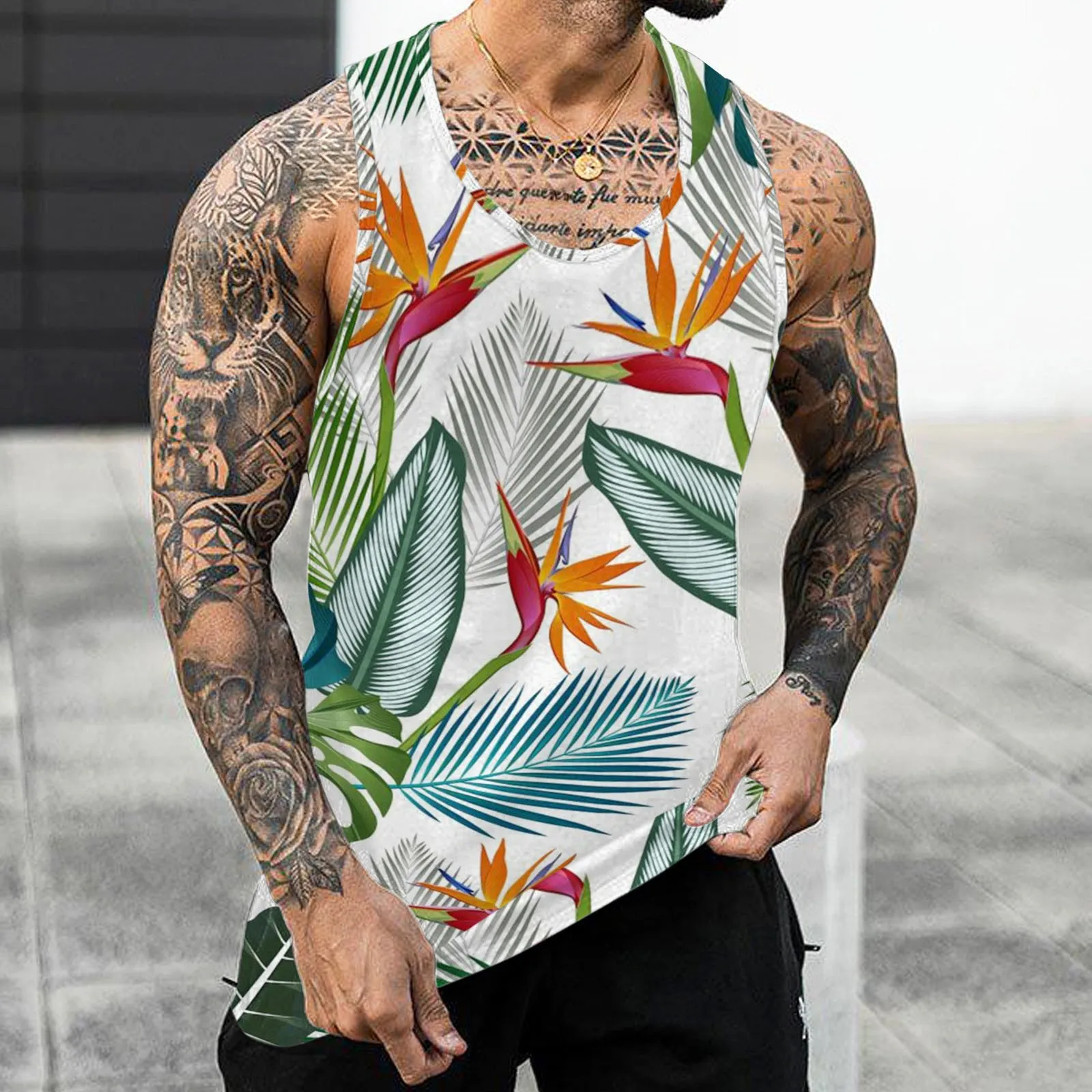 Men Summer Fashion Tank Top Casual Loose Sports Beach Seaside Hawaiian  Printed Top Vest Running Workout Tee 