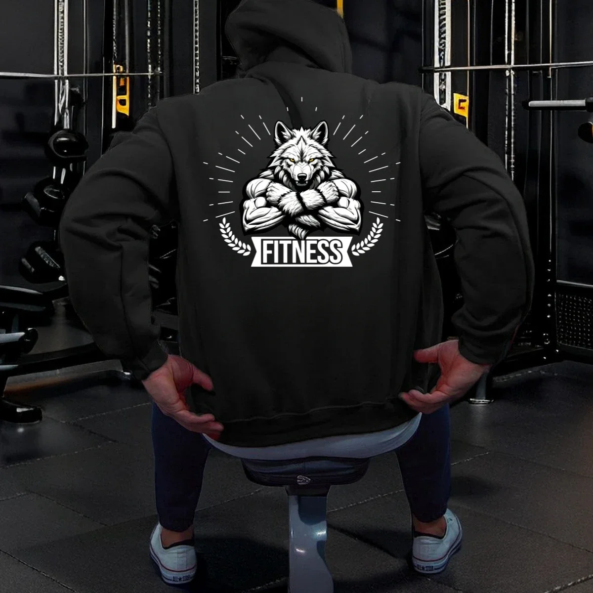 Workout Hoodie Men Gym Training Sweatshirt Printed Werewolf Bodybuilder Pullover Top