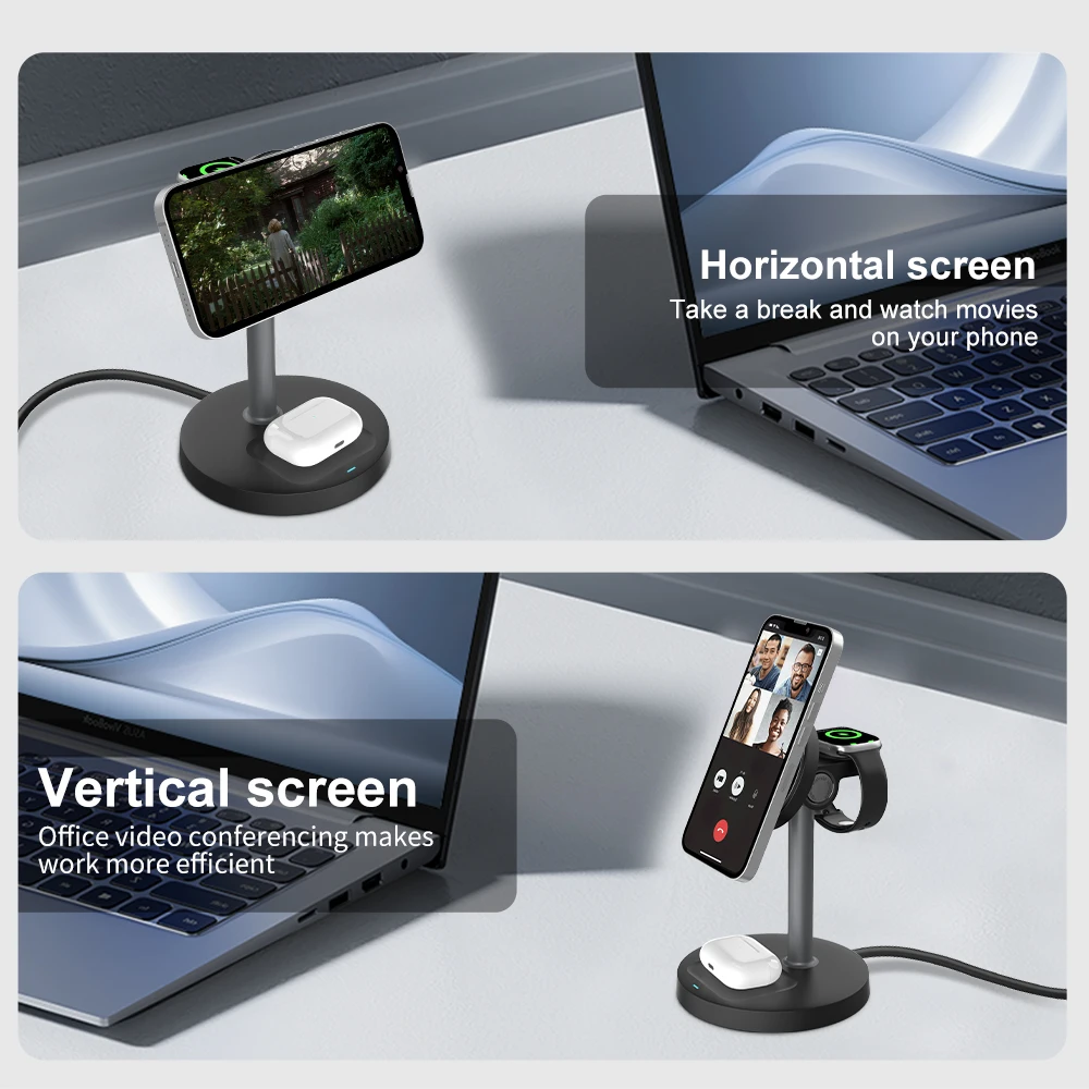 Suporte de carregador sem fio rápido 15W Carregador sem fio magnético 3 em 1 para iPhone 12-16 séries iWatch e AirPods ângulo ajustável foto 4